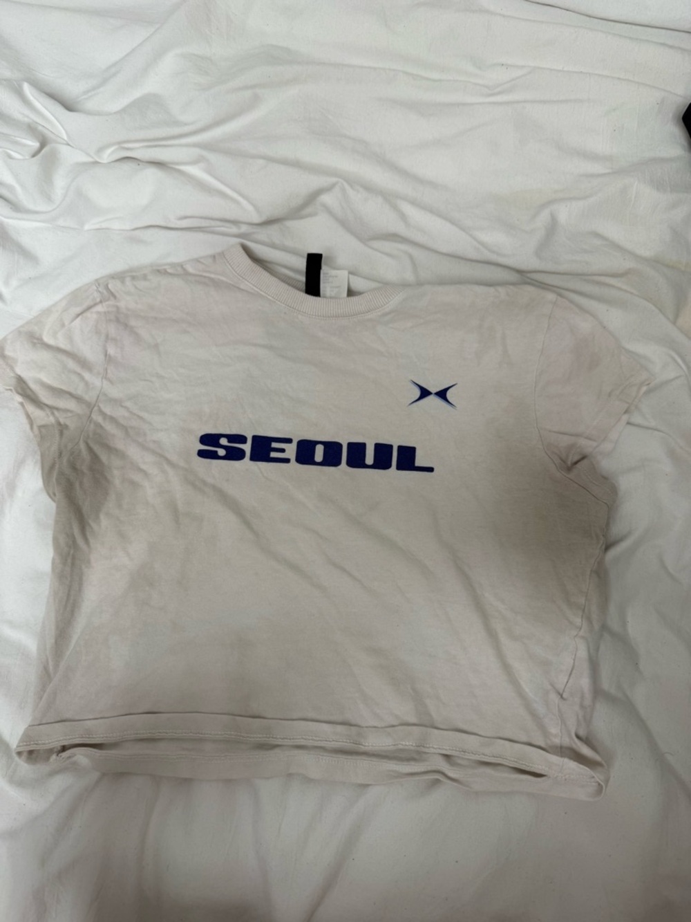 Seoul Graphic Crop Tee in White with Navy Print